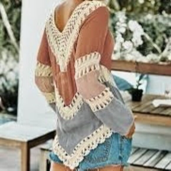 Crochet Tunic Top Shirt Sz M 100% Cotton Boho Color Block Long Slv Flowy Western - Picture 2 of 14